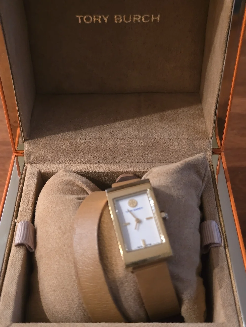 Tory Burch TRB2007 Gold Rectangle Watch Tan Wrap Around Leather Strap